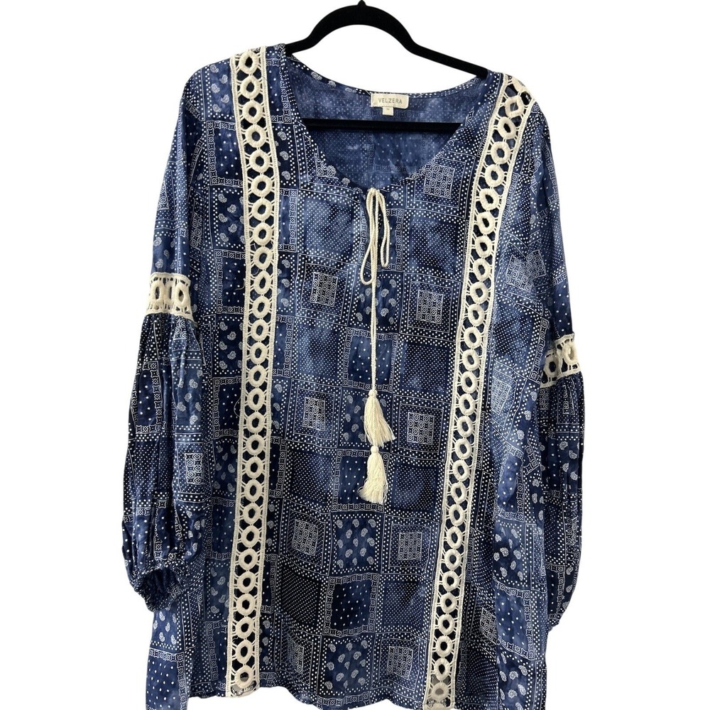 Velzera Bandana Print Tunic M Blue Crochet Trim Tassel Tie Boho Peasant Cottage